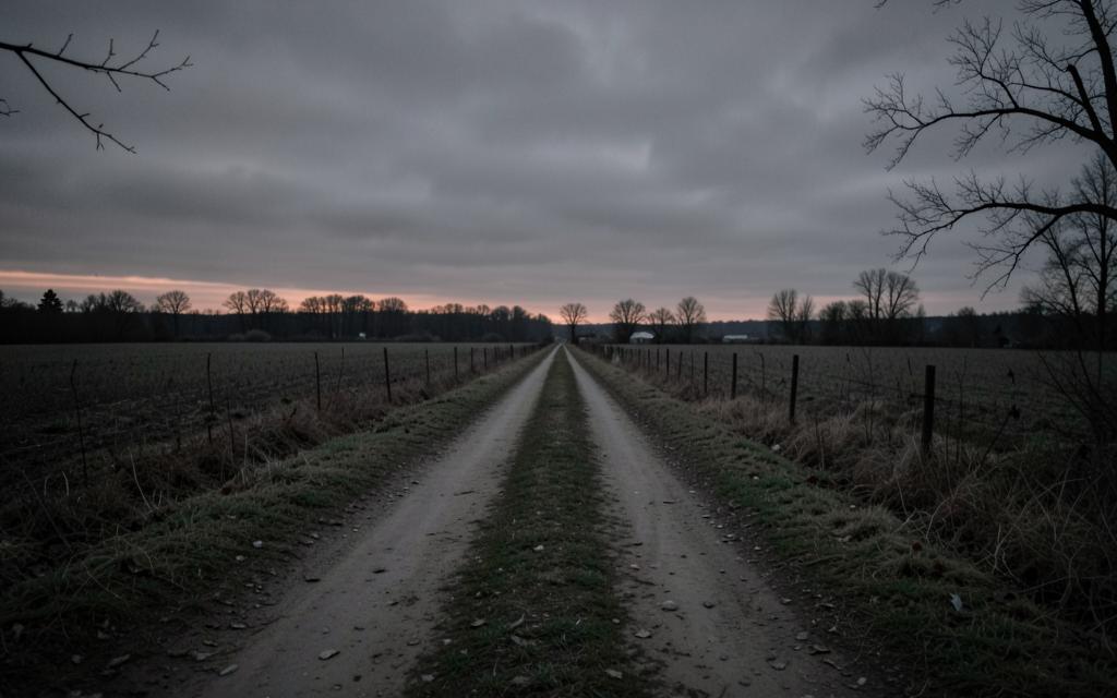 Empty rural field at dusk with a faded dirt road