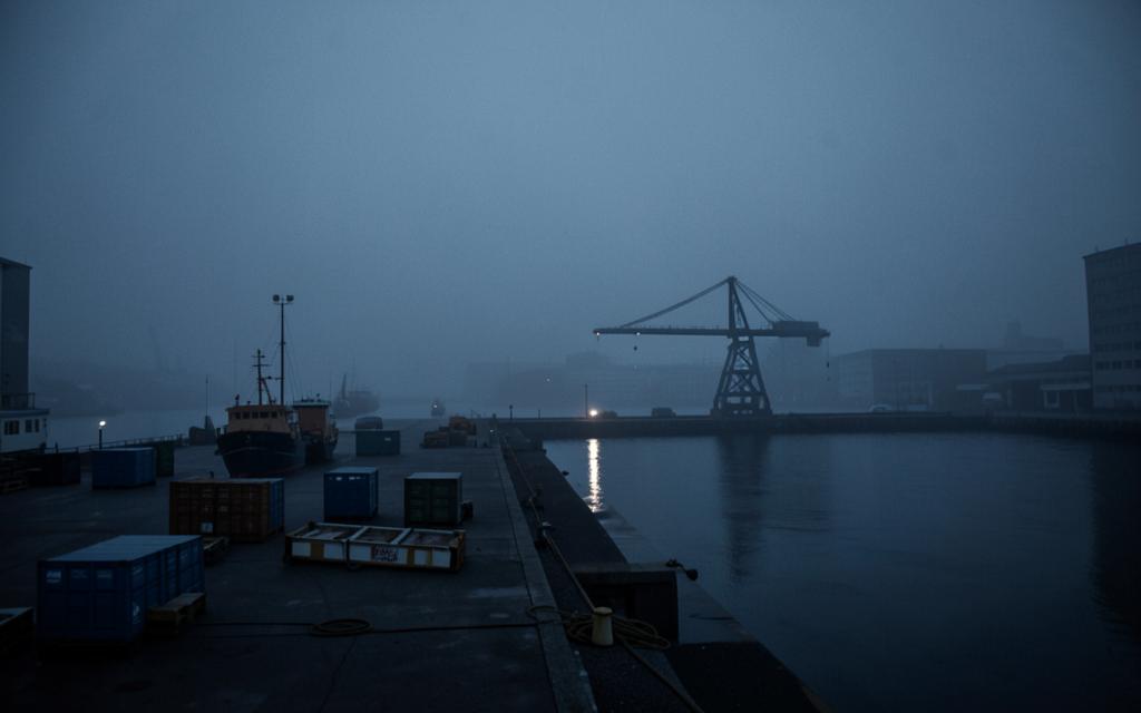Foggy harbor dock at night with shipping crates and a crane
