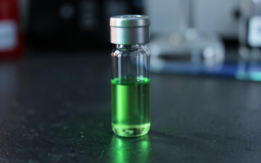 Glass evidence vial glowing green on a dark laboratory bench